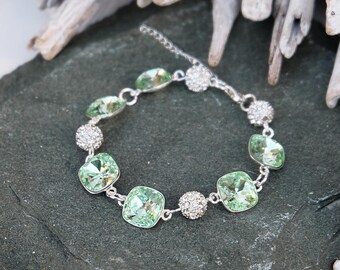 Light green Swarovski crystal bracelet Sterling Silver jewellery Green crystal wedding bridal bridesmaid bracelet Square cushion cut crystal