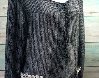 Women's Plus Size Clothing, Sheer Navy Tunic Top, Large Vintage Doily Pockets, Lace Collar, Vintage Buttons, Casual Bohemian Top SZ 2XL