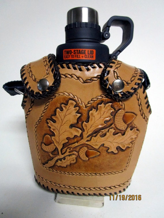 Handmade leather canteen cover with Stanley by LeathercraftByFran