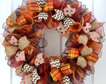 Fall wreath - Thanksgiving wreath - Burgundy wreath - Fall mesh wreath - Burlap wreath - fall front door wreath - thanksgiving door wreath