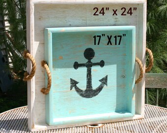 Ottoman Size Wood Serving Trays Beach Decor Monogram Distressed Wood Breakfast Beverage
