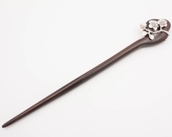 Plum Blossom Wood Hair Stick, Silver and Pearl Wood Hair Jewelry, Traditional Chinese Hair Accessory