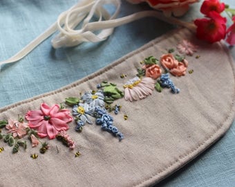 embroidered collar, statement necklace, fashion bib, floral design, silk ribbon embroidery, spring garden, jewellery, jewellery, cotton