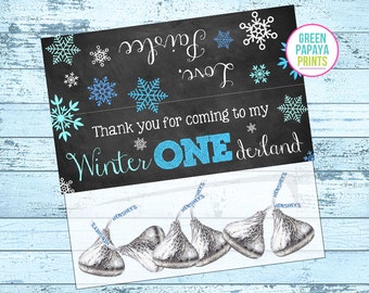 Winter Onederland Snack Bag Topper, Blue, White, Teal, Chalkboard, Party Favor Topper, Snack Bag