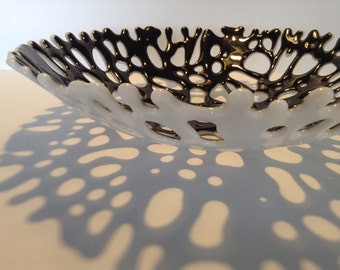 FREE SHIPPING - Black and White Fused Glass Coral Bowl