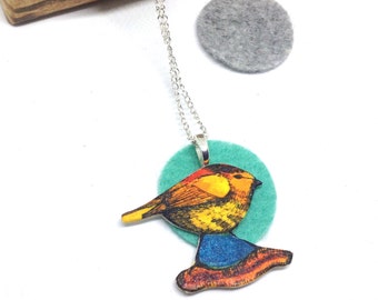 Bird Necklace. Shrink Plastic Pendant, Animal Statement Necklace, Illustrated Shrinky Dink Jewelry, Birthday Gift for Her, Graduation Gift.