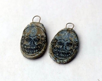 Parchment Art - Vampire Skull - Earring Shields - a pair of hand made earrings pendants with ceramic decals