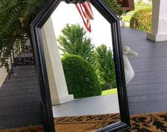 SALE..Vintage Black Lacquered Large Burwood Mirror, Polygon Mirror, Mid Century, French Country, Art Deco, Chinoiserie, Statement Wall Decor