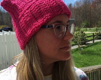 Pink kitty hat, pink cat hat, pink message hat, womens hat, pink crochet hat, women's march hat, bright pink crochet hat, free domestic ship