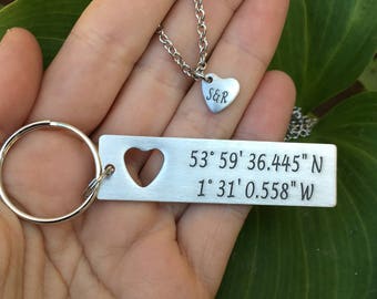 Military Couples Gift | Boyfriend Gift - Couples set-Custom Coordinate Keychain with cut out heart necklace | Anniversary GPS Keychain
