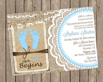 Rustic Baby Boy Shower Invitation over Brown Kraft Paper, Burlap and Lace with Baby Blue Footprints - printable 5x7- T4