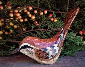 Hand Carved Windowsill Bird (Carolina Wren).