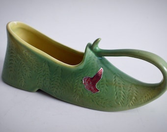 SALE Vintage Red Wing Pottery Green Shoe Planter, Turkish Slipper Art Pottery USA No. 733