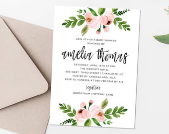 Pink Rose Baby Shower Invitation, 5x7 Personalized Baby Shower Invite, Watercolor Rosebuds, Spring Floral Bouquet, Couples Shower BLM