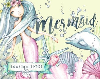 Mermaid Clipart,Mermaid invitation,hand painted watercolor, dolphin, shells, printable, planner stickers, planner girl, cute mermaid,clipart