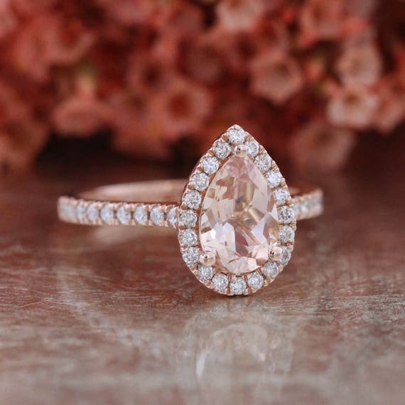 Pear Morganite Engagement Ring in 14k Rose Gold Halo Diamond