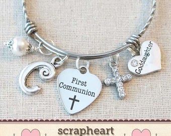 FIRST COMMUNION Gift for Goddaughter, Custom Girls First Communion Gift, Goddaughter Gift, Personalized 1st Communion Charm Pearl Bracelet-S