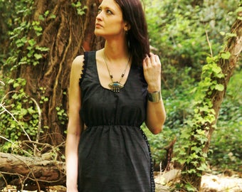 JEANS SUMMER DRESS Black and grey jeans and white pois dots fabric on sides, boho style ethnic gipsy