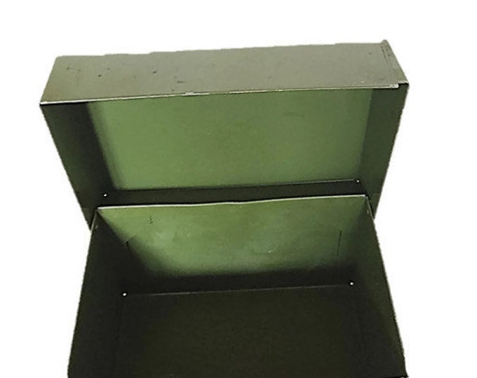 Index File Box Vintage Army Green Tin Metal Desk Top File Recipe Card Tool Box by J Chein USA for Retro Kitchen Office or Man Cave Decor