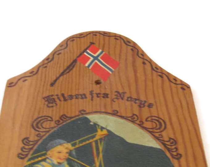 Old Norwegian Plaque Wooden Wall Sign " Hilsen fra Norge" Greetings from Norway Trollstigen / Hand Painted Seaside Scene / Made in Norway