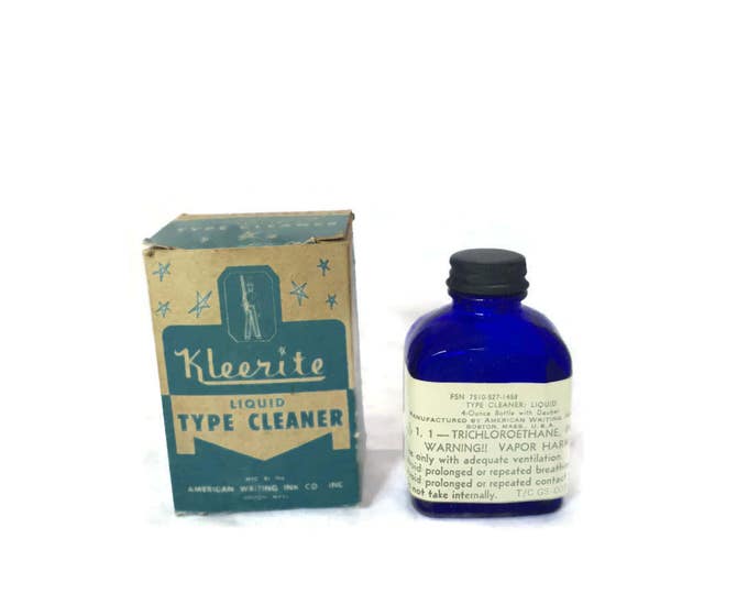 Antique Kleerite Typewriter Type Cleaner Boston | Mass | Cobalt Blue Ink Bottle with Paper Label and Box | American Writing Ink Co. Mom