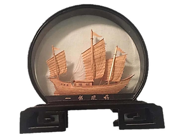 Vintage Asian Cork Carved Picture Diorama Shadow Box Ship | Nautical Decor | Black Lacquer Frame Chinese Oriental Decor