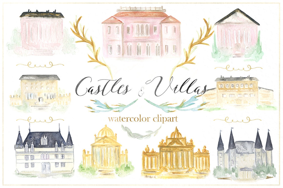 Download Castle and villas watercolor clip art, hand drawn. Building watercolor clipart. Wedding, fine ...