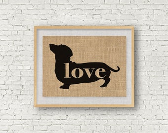 Dachshund / Wiener Dog Love - Burlap Wall Art Home Decor Print - Gift for Dog Lovers - Personalize Silhouette w/ Name - More Breeds (101p)