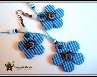 Polymer Clay Jewelry Handmade Earrings & Necklace Set Blue Stripe Flowers Handmade Dangle Earrings One Of A Kind Unique Gift For Her