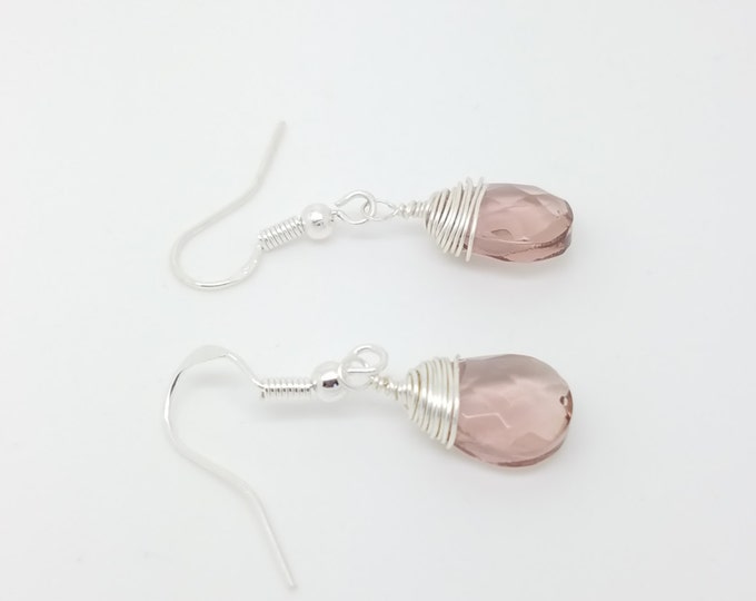 Pink quartz earrings wire wrapping pink quartz earrings sterling silver pin quartz wire wrapping earrings pink earrings