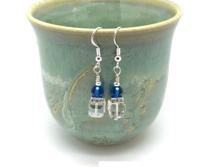White blue earrings, white cube earrings, cube crystal earrings, white swarovski earrings, white blue earrings, blue white earrings