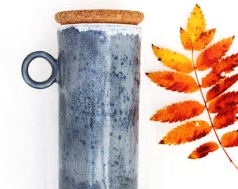 ceramic travel mug with handle and cork lid ~ blue-gray to-go cup / commuter mug with handle ~ large (16-18oz) travel mug with lid