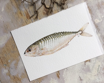 Original watercolor painting of a fish, nautical art, sea art, beach art, boho, gold, minimal art, white, pretty, interior design, home