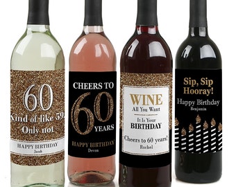 60th Birthday Wine Bottle Labels - Custom Adult Birthday Gold Wine Bottle Labels - Funny Personalized Wine Birthday Gift - Set of 4 Labels