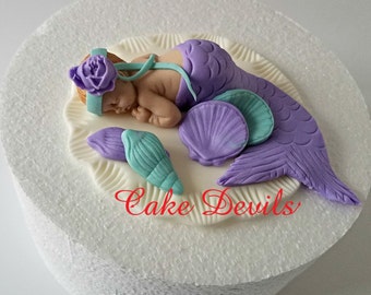 Fondant Mermaid Baby Shower Cake Topper, Baby girl, sleeping baby, Mermaid Baby Cake Decoration, Baptism, Christening, Handmade Edible