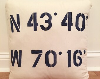 Latitude/Longitude Pillow //Weddings/Housewarming/Lake House/Beach House