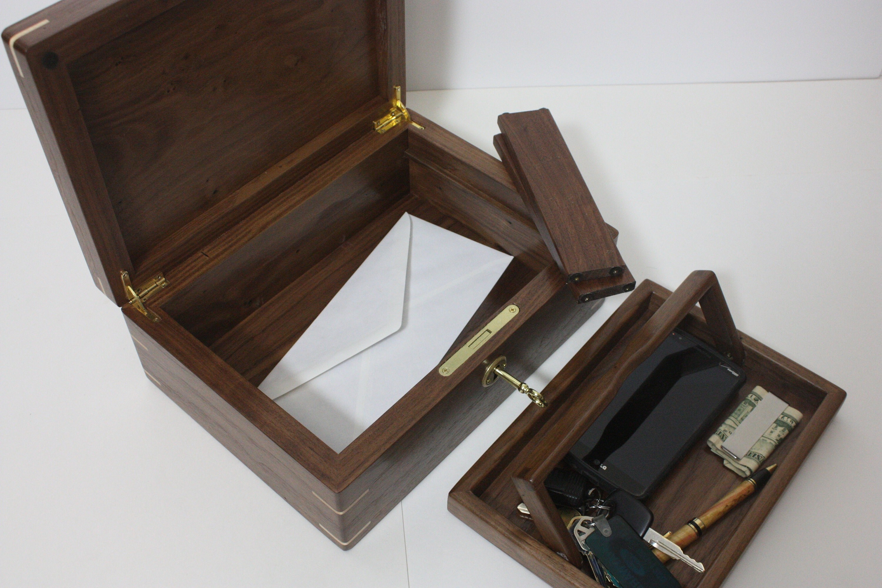 Locking Walnut Mens Valet Box