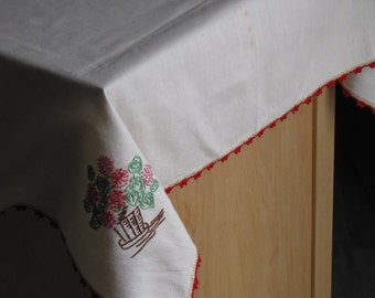 Vintage Square Cream and Red Tablecloth - approx 32 inches X 30 inches