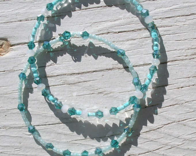 Stackable Bracelets, wire wrap bracelets, pair of similar colors and style, seed beads, crystal beads, blue, teal, turquoise color, white