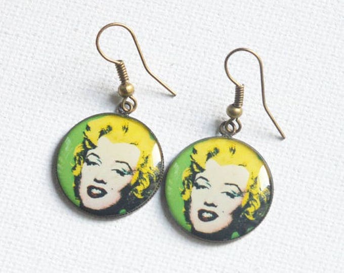 POP ART Earrings metal brass epoxide resin with the image of Monroe, Green and Yellow