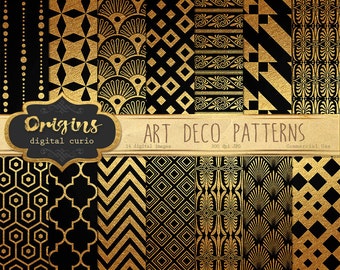 Art Deco Digital Paper Black and Gold Patterns - Backgrounds for Invitations, Weddings, Scrapbooking - Commercial use instant download