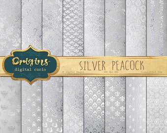 Silver Peacock Digital Paper, Peacock scrapbook paper, backgrounds, silver leaf foil overlay, white peacock feather digital paper