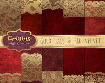 70% OFF Gold Lace and Red Velvet Digital Paper, Vintage Lace Backgrounds, gold Scrapbook paper pack digital instant download commercial use