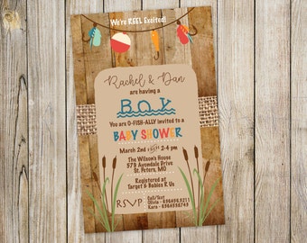 Fishing Baby Shower Invitation, We're Reel Excited, Wood, Rustic, printed or digital download