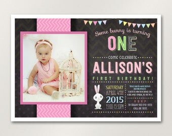 Bunny Birthday Invitation // Some Bunny Invitation // Easter Birthday Invitation // Pink Girl's First Birthday // Photo Invitation