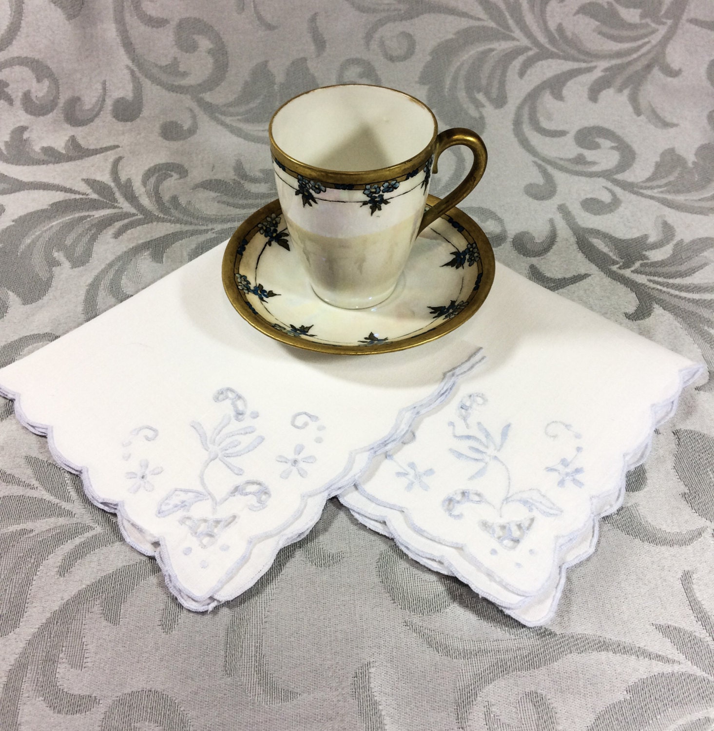 White Linen Embroidered Cocktail Napkins by GracesVintageGarden