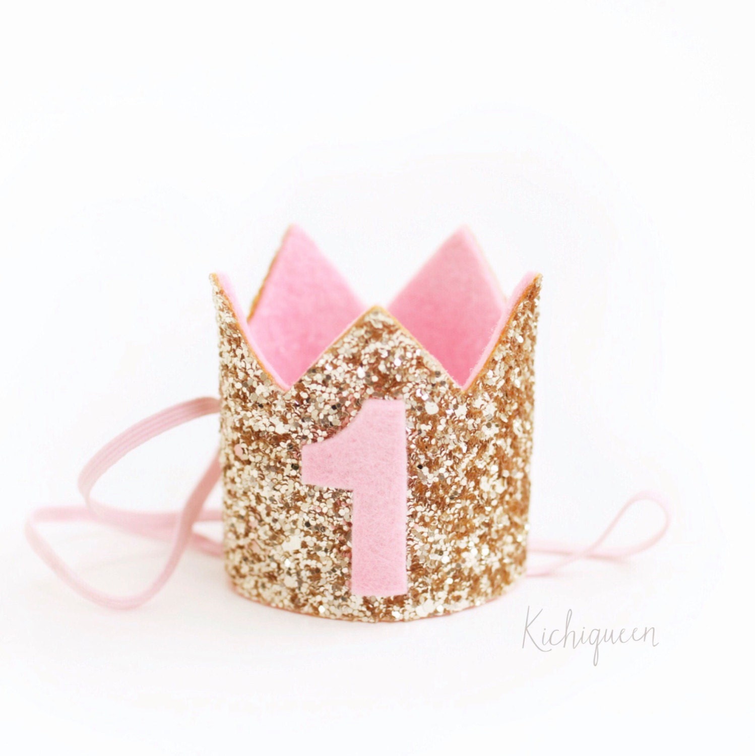 Miniature 1st birthday crown headband pink and gold baby