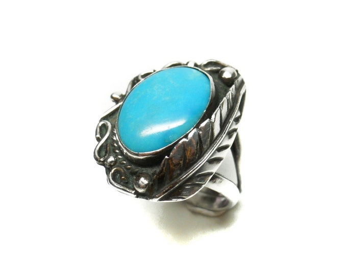 Storewide 25% Off SALE Vintage Navajo Sterling Silver Sleeping Beauty Turquoise Ring Featuring Elegant Inscribed Leaf Designs