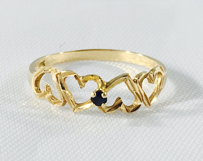 Storewide 25% Off SALE Vintage 10k Yellow Gold Alternating Heart Designer Cocktail Ring Featuring Faceted Blue Solitaire Stone