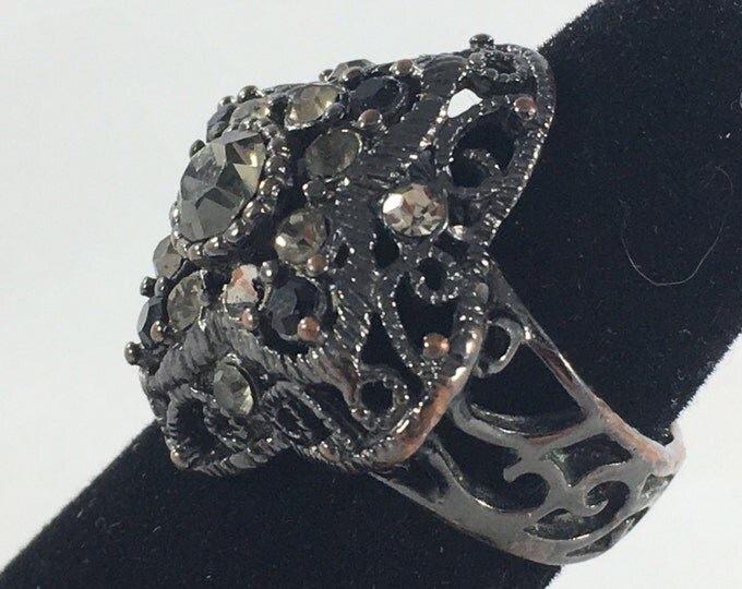 Storewide 25% Off SALE Vintage Black Filigree Rhinestone Designer Cocktail Ring Featuring Clear & Black Stone Accents